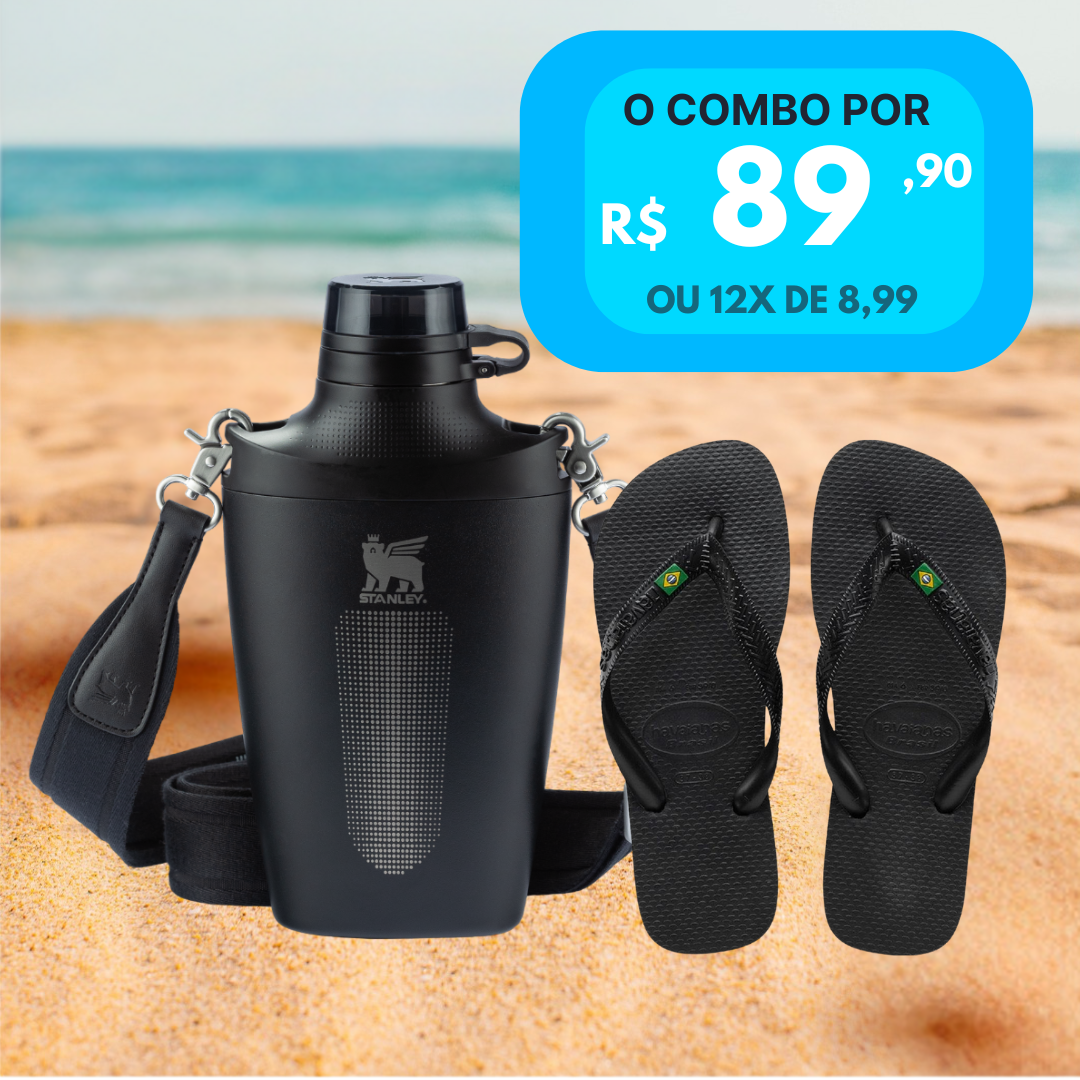 Pacote Estiloso: Chinelo Havaianas Brasil Preto + Bottle Stanley 680ml