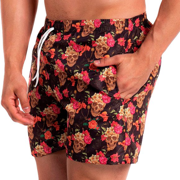 Short Slim Caveira Floral Preto